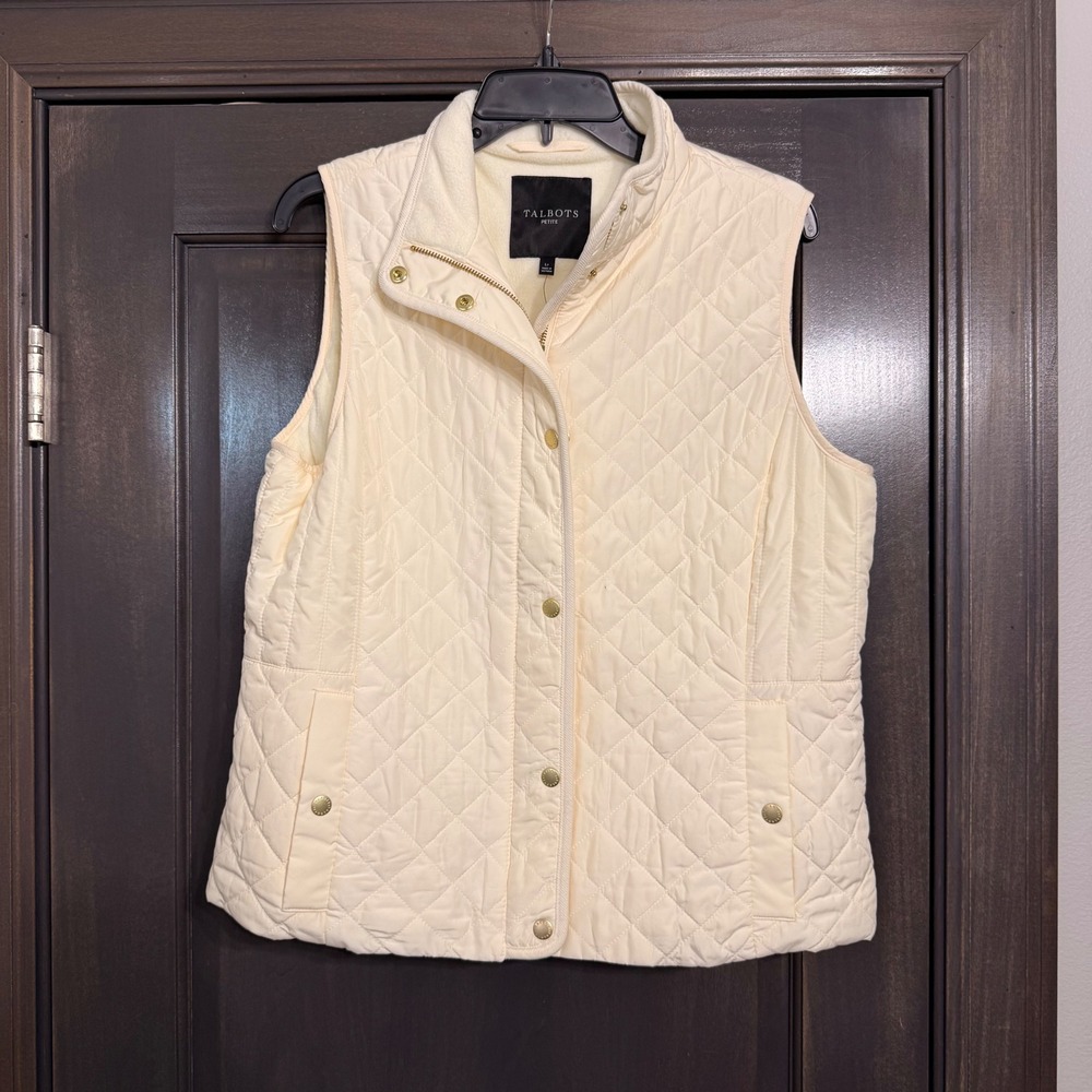 Talbots NWT Petite Cream Quilted Vest Gold Hardware Fleece Lined Ivory PL 369871